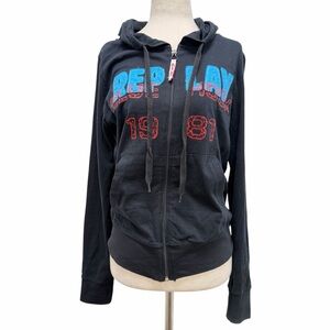 Replay Zip Up Logo Black Vintage Sweatshirt Size Medium